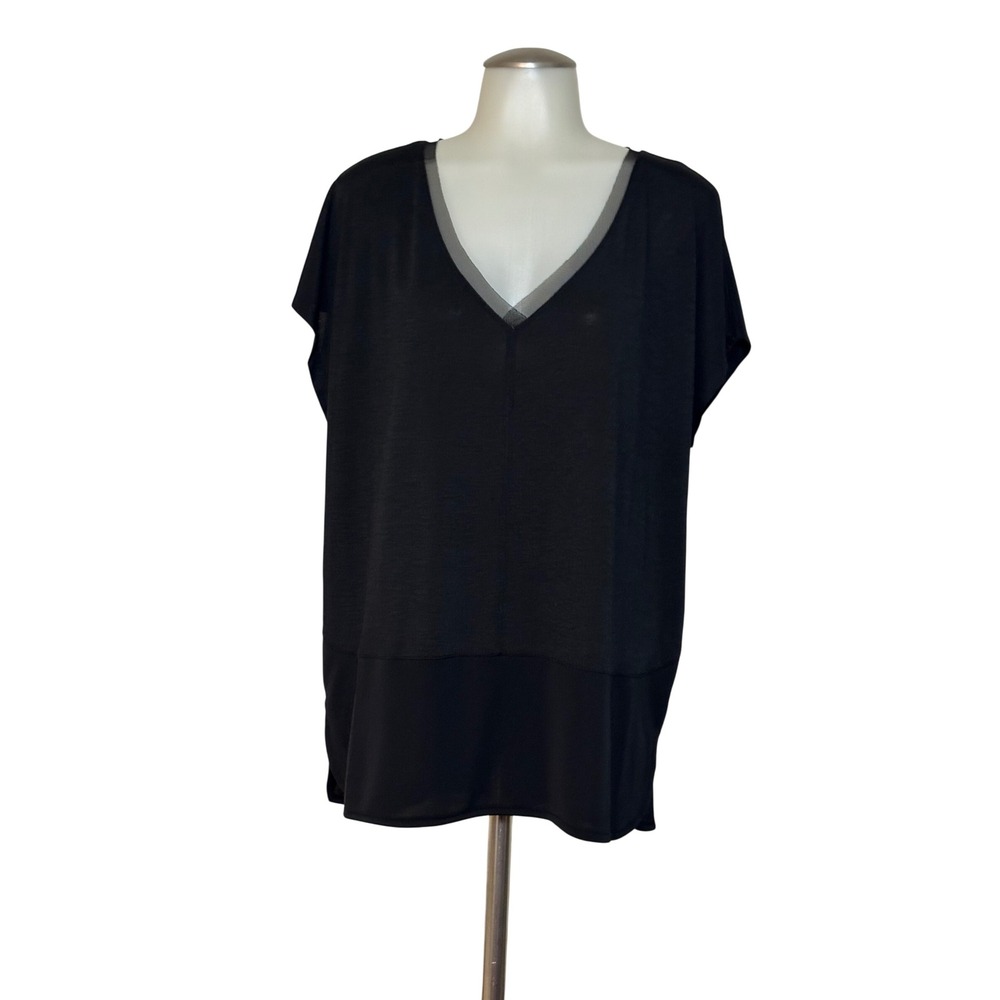 Bar III V-Neck Mesh Trim Top Women XL Black High-Low Relaxed Fit Excellent